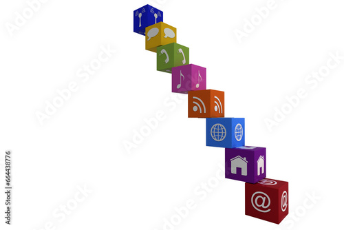 Digital png illustration of colourful cubes with communication symbols on transparent background