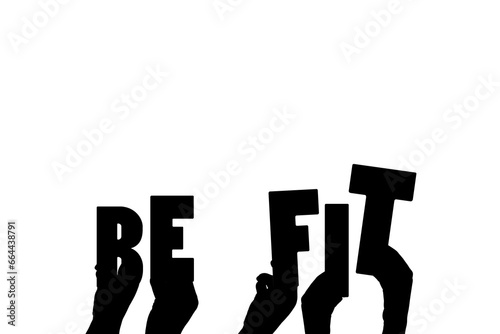 Digital png illustration of hands with be fit text on transparent background