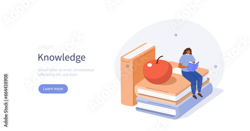Education and knowledge concept. Student read books, prepare to exam, do homework. Vector illustration isolated on white background.