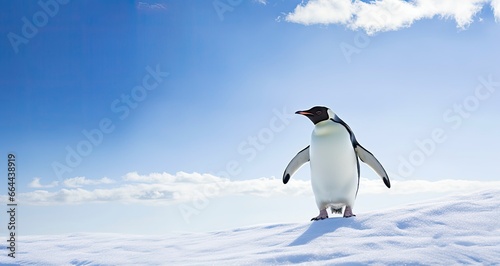 Penguin standing in Antarctica looking into the blue sky.