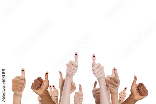 Digital png photo of diverse hand showing thumbs up on transparent background