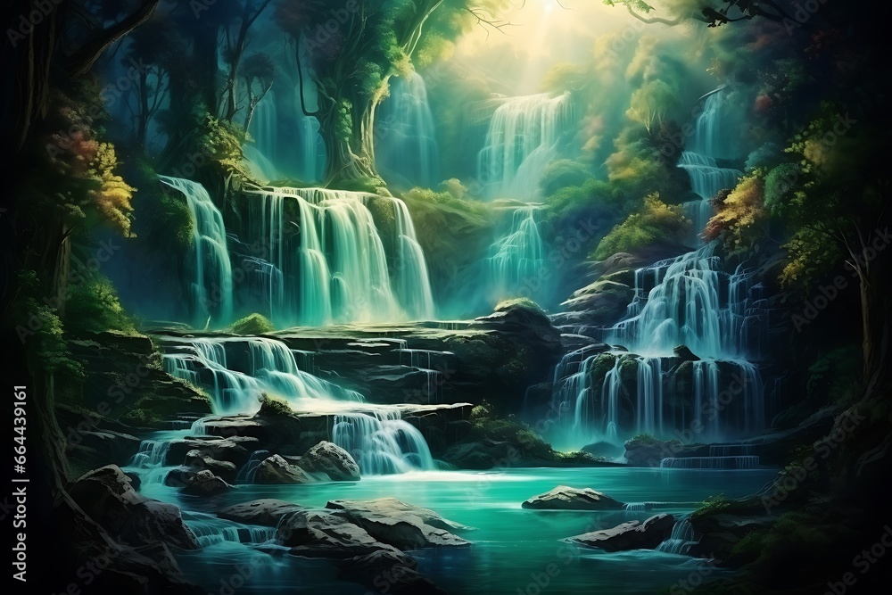 Beautiful waterfall in deep forest. Nature background. Digital painting.