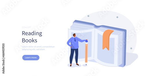 Education and knowledge concept. Student with pencil looking at open book, reading, preparing to exam or doing homework. Vector illustration.
