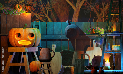 Halloween background with pumpkins and decoration in the garden. 3D render illustration. © iweta0077