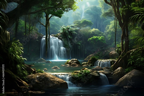 Beautiful waterfall in tropical forest. Nature background  3d render