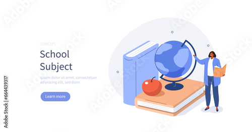 Education and knowledge concept. Teacher look at open book and teach a lesson for school or university students. Vector illustration isolated on white background.