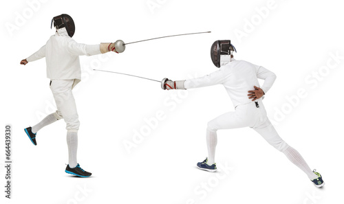 Digital png photo of fencers during fight on transparent background © vectorfusionart