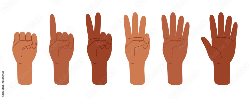 Set human hands gestures counting number zero, one, two, three, four, five. Vector illustration in doodle style  - obrazy, fototapety, plakaty 