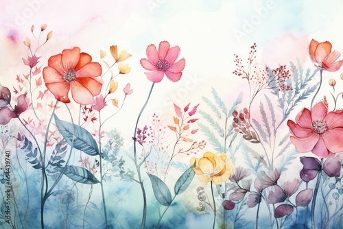 Watercolor floral illustration of a plant group with decorative design and painting on a nature-themed background. Generative AI