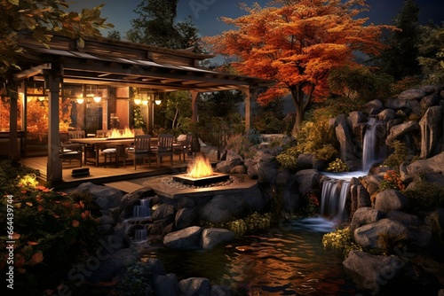 An outdoor oasis featuring a nocturnal resort-style ambiance including a cascading waterfall  a pergola  and a cozy firepit. Generative AI