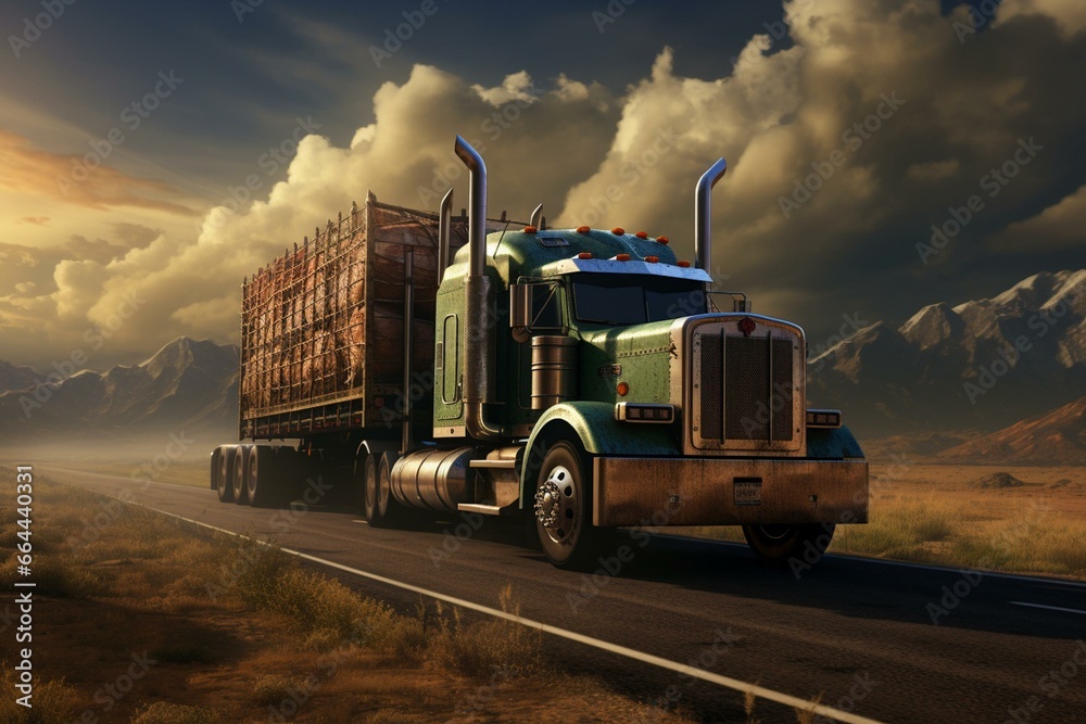 Truck hauling trailer for transport. Generative AI - obrazy, fototapety, plakaty 