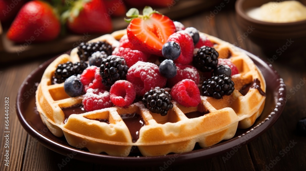 A plate of waffles with fresh fruit and chocolate chips A plate of waffles with fresh fruit and chocolate chips