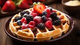 A plate of waffles with fresh fruit and chocolate chips