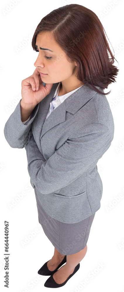 Digital png photo of worried biracial businesswoman looking down on transparent background