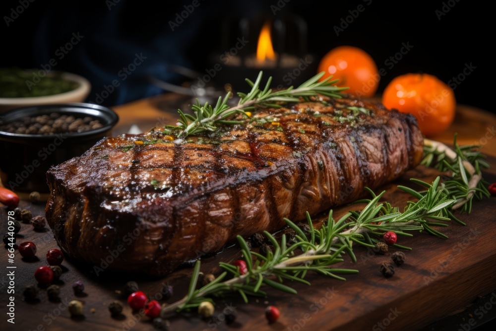 Grilled beef steaks with rosemary on the barbecue grill juicy steak with melted barbeque sauce on a black and blurry background Grilled beef steaks with rosemary on the barbecue grill juicy steak with melted barbeque sauce on a black and blurry background