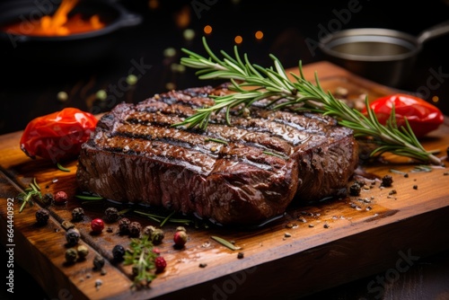 Grilled beef steaks with rosemary on the barbecue grill juicy steak with melted barbeque sauce on a black and blurry background