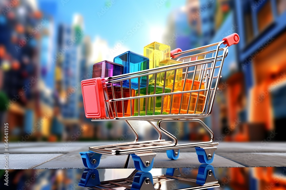 a fully filled shopping cart with a colorful city background