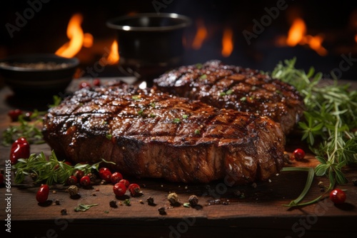 Grilled beef steaks with rosemary on the barbecue grill juicy steak with melted barbeque sauce on a black and blurry background
