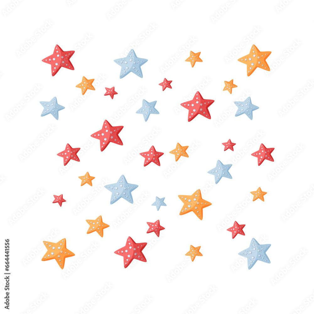 Abstract illustration of summer time concept. Sea Life Decorative square Composition Design with colorful starfish isolated on white. For postcards, nautical party invitations, poster, card, flyer. Abstract illustration of summer time concept. Sea Life Decorative square Composition Design with colorful starfish isolated on white. For postcards, nautical party invitations, poster, card, flyer.