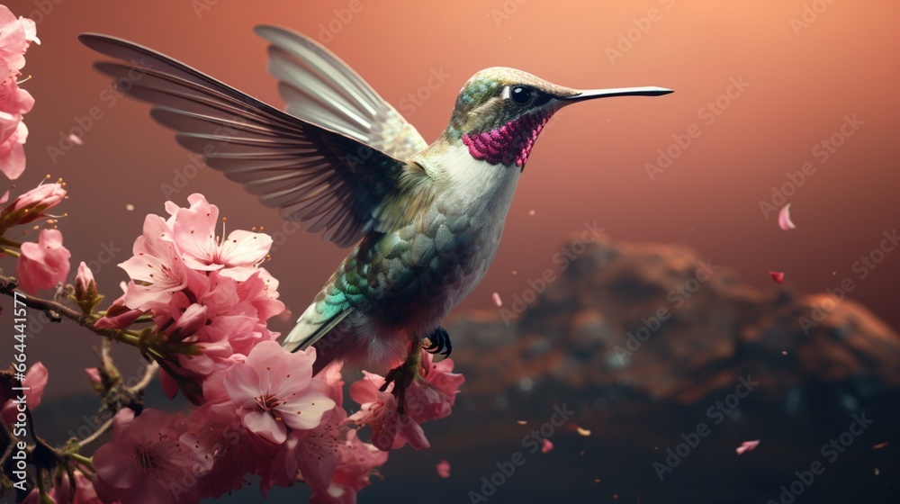 Gorgeous, colorful hummingbird with a bouquet of pink flowers