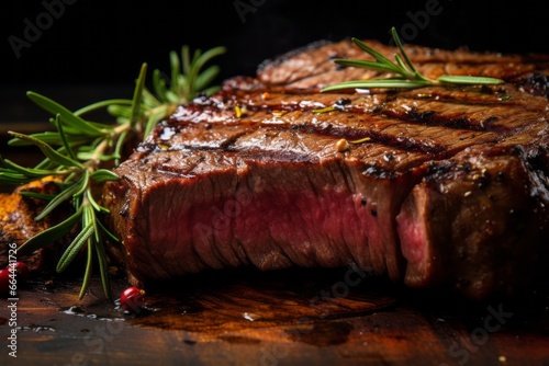 Grilled beef steaks with rosemary on the barbecue grill juicy steak with melted barbeque sauce on a black and blurry background