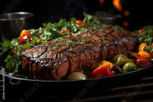 Grilled beef steaks with rosemary on the barbecue grill juicy steak with melted barbeque sauce on a black and blurry background