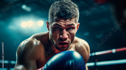 A close-up photograph of a person engaged in a boxing workout in a boxing ring, with intense focus and determination, during midday with natural lighting © bycengizbulut