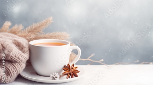 cozy winter background with cup of cocoa with space for text
