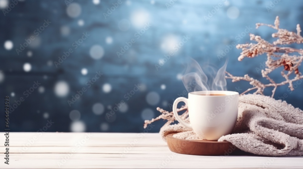 cozy winter background with cup of cocoa with space for text - obrazy, fototapety, plakaty 