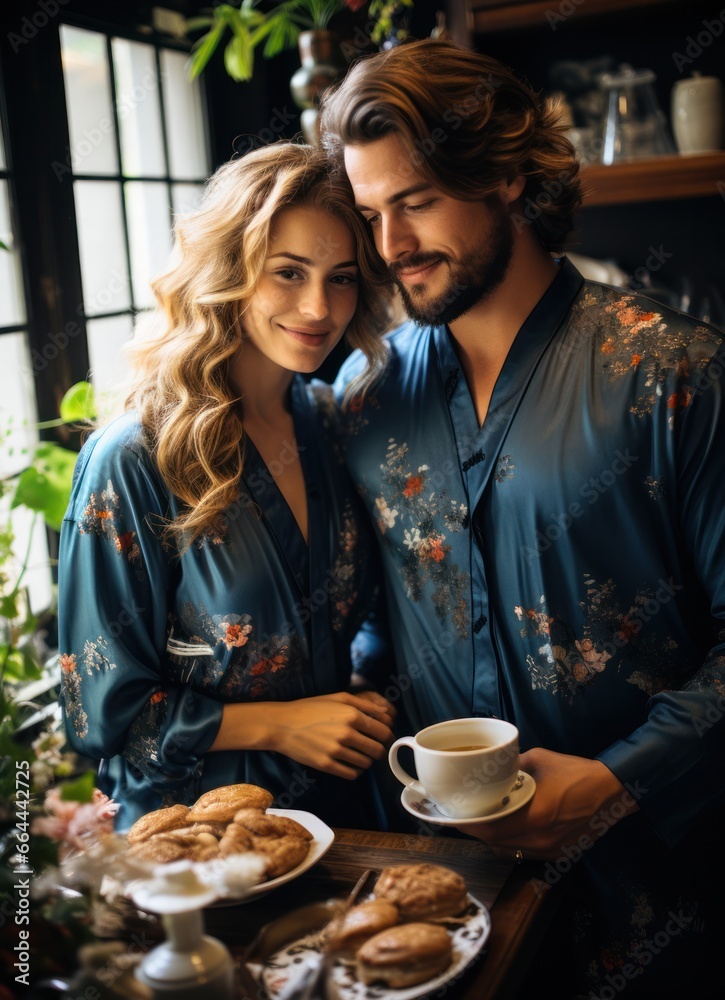 Smiling loving couple being happy and drinking coffee - modern concept of lifestyle with cappuccino and laughter Smiling loving couple being happy and drinking coffee - modern concept of lifestyle with cappuccino and laughter