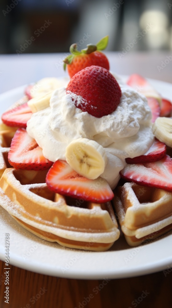 Waffles with fresh strawberries, bananas, and a generous amount of whipped cream