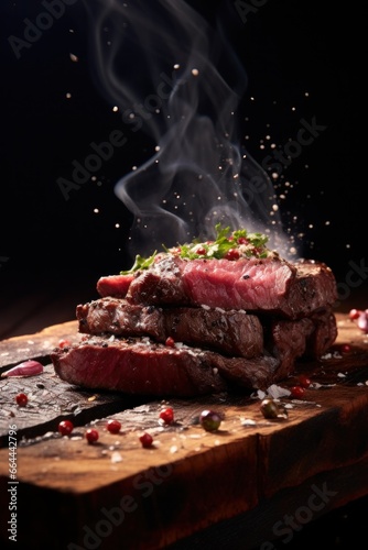 Slow Motion Seasoning Falling onto Grilled Beef Placed on a Wooden Board