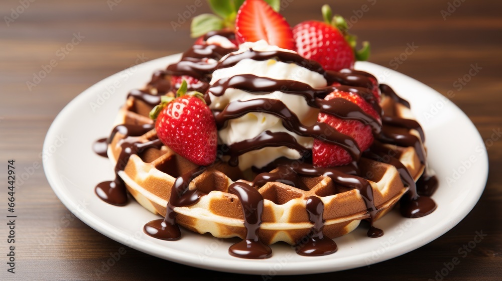 A close-up of a waffle with melted chocolate and fresh strawberries on top A close-up of a waffle with melted chocolate and fresh strawberries on top