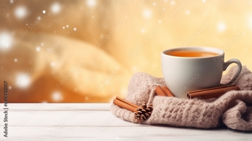 cozy winter background with cup of cocoa with space for text