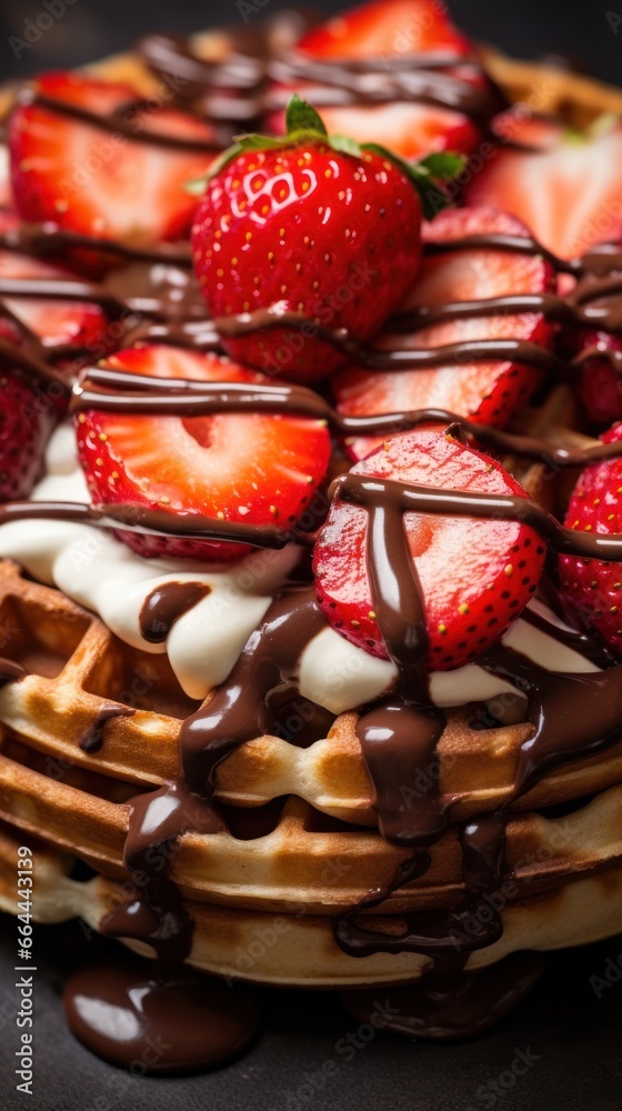 A close-up of a waffle with melted chocolate and fresh strawberries on top