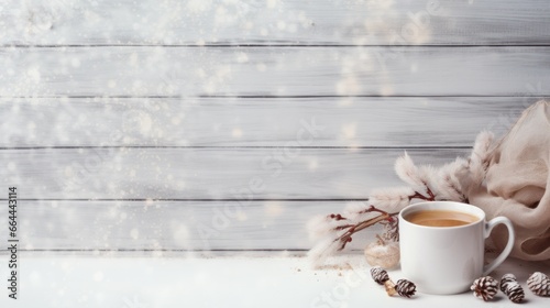 cozy winter background with cup of cocoa with space for text