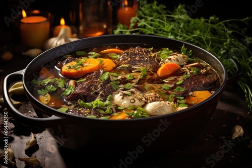 A Delicious Beef Broth with Bone-in Beef, Charred Vegetables
