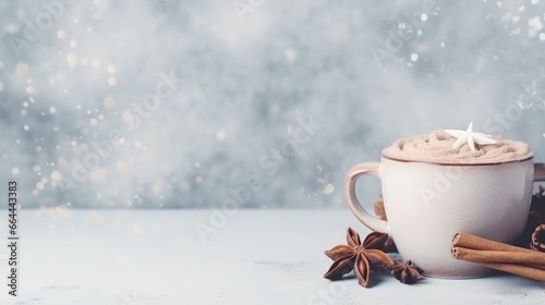 cozy winter background with cup of cocoa with space for text