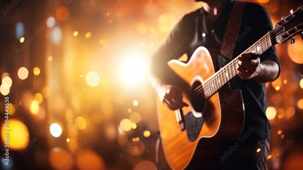 Naklejka premium Music bokeh blurred background with guitar with copy space
