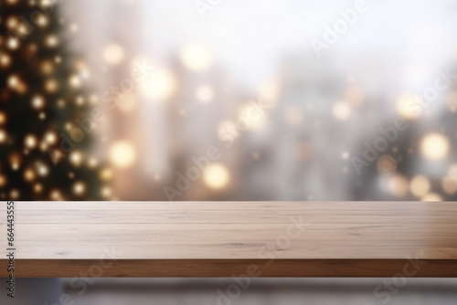 Christmas holiday background with empty wooden table top, Xmas tree branches.