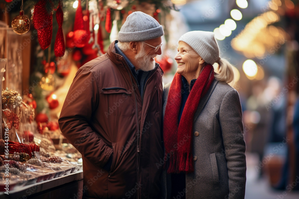 Happy pensioners husband and wife in a great mood are walking around the Christmas market and looking at each other with love