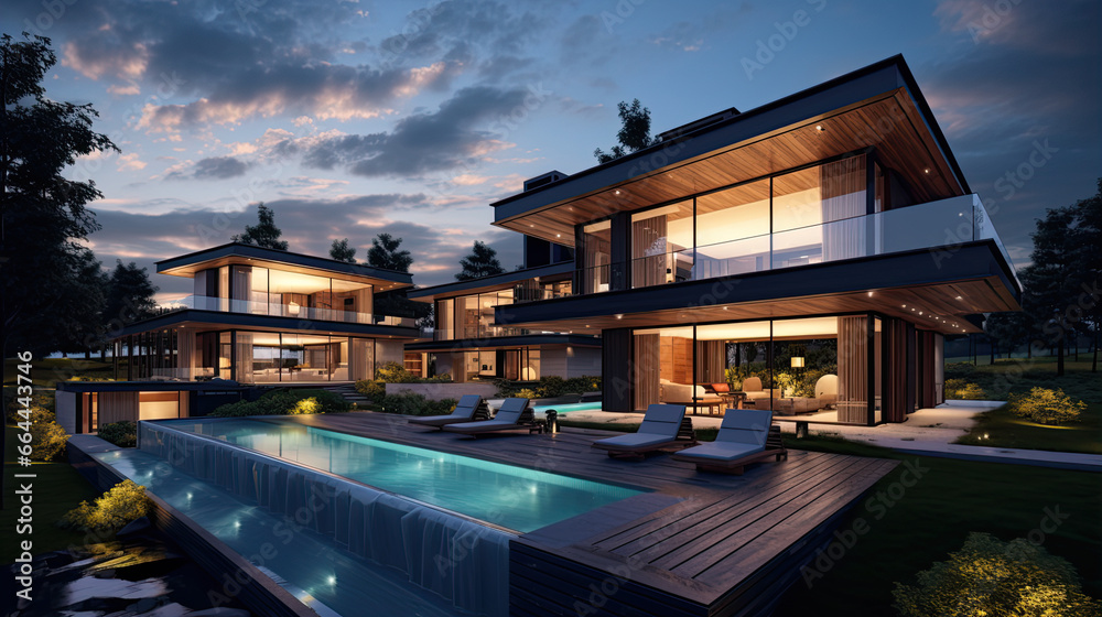 Evening view of the beautiful houses of modern architecture