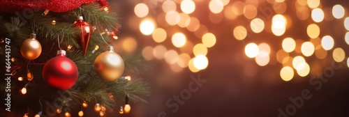 Christmas tree with decorations and blurred background with glare