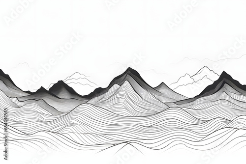 Black and white mountain line arts wallpaper, luxury landscape background design for cover, invitation background, packaging design, fabric, and print. Vector illustration. 
