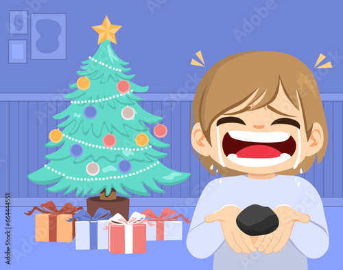 Illustration of crying bad boy having a tantrum receiving coal as christmas present. Child frustrated with xmas gift
