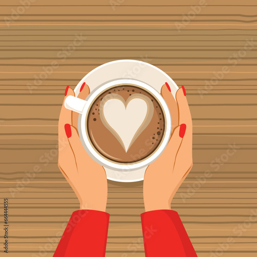 Vector illustration of female hands holding a cup of hot coffee with heart drawing. Top view of woman arms in table of a restaurant wearing warm clothing in autumn