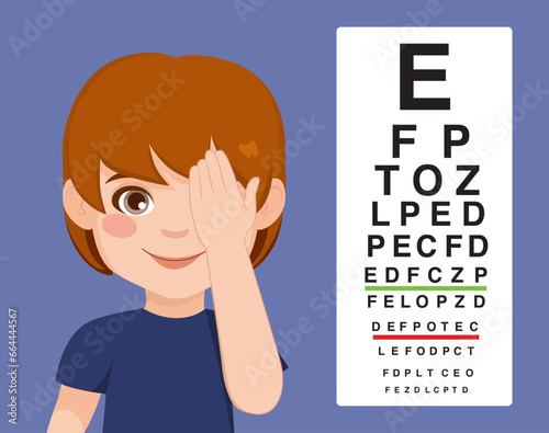 Cute little boy cover his eye having vision test reading block letters at optician office vector illustration. Child covering his eye at medical exam