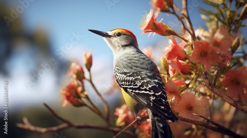 A golden-fronted woodpecker on a branch that is in bloom.