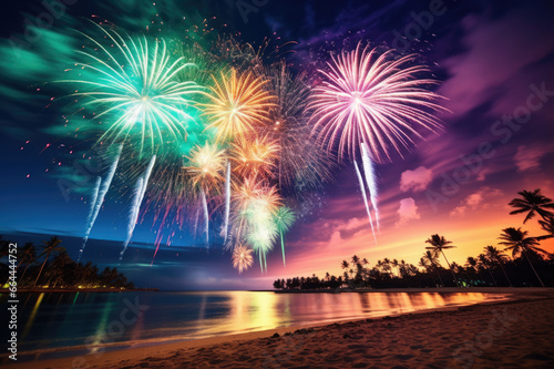 Fireworks show on tropical beach. The New Year celebration © Photocreo Bednarek