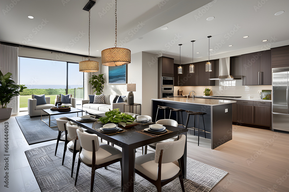 The living room's open concept design effortlessly flows into the dining area, creating a seamless and sociable space for gatherings and entertaining. Generative AI The living room's open concept design effortlessly flows into the dining area, creating a seamless and sociable space for gatherings and entertaining. Generative AI
